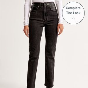 Abercrombie Mixed Fabric Ultra High Rise Ankle Straight Jean-Black With Leather